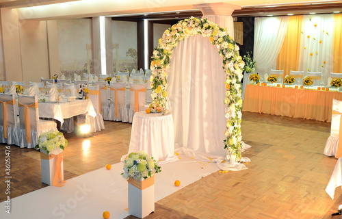 Photo: hall restaurant is decorated for realization of holiday hall restaurant is decorated for realization of holiday