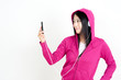 attractive asian woman listening music