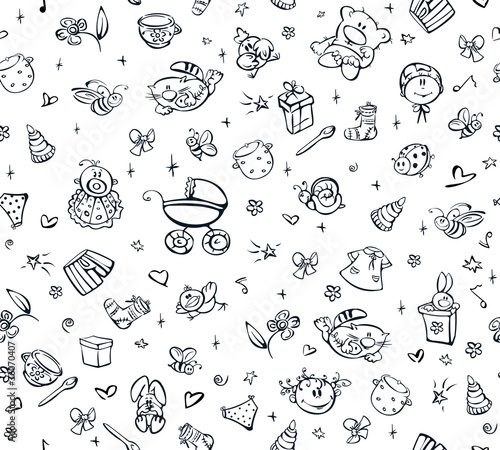 Vector: Seamless cute pattern of baby stuff. Seamless cute pattern of baby stuff.