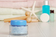 closeup of jar blue bath salts