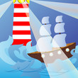 Beacon and the ship in a raging sea. Beacon and the ship in a raging sea.