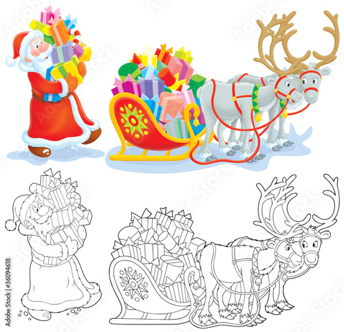 Illustration: Santa loads Christmas gifts in his sleigh Santa loads Christmas gifts in his sleigh