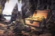open treasure chest with bright gold in a cave