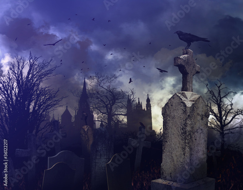 Photo: Night scene in a spooky graveyard Night scene in a spooky graveyard