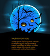 Halloween illustration with pumpkins, bats and big moon