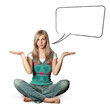 woman in lotus pose with speech bubble