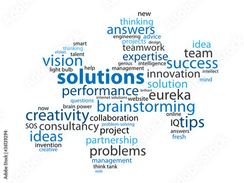 Vector: SOLUTIONS Tag Cloud (ideas questions and answers jigsaw piece) SOLUTIONS Tag Cloud (ideas questions and answers jigsaw piece)