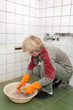 House works, Caucasian woman cleaning bathroom