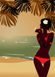 Girl`s silhouette on sunset tropic beach