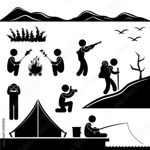 Vector: Jungle Trekking Hiking Camping Campfire Adventure Jungle Trekking Hiking Camping Campfire Adventure