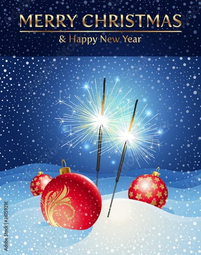 Sparklers and Christmas baubles in snowdrift