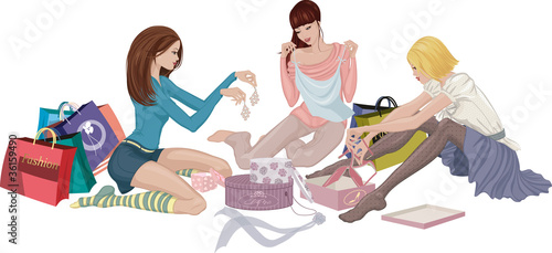 Vector: Girls looking at purchased clothing and accessories Girls looking at purchased clothing and accessories