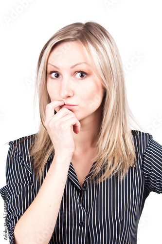 Photo: Young attractive woman surprised gesture whoops, isolated on whi Young attractive woman surprised gesture whoops, isolated on whi