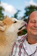 Akita Inu und Herrchen schmusen