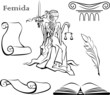 Set of justice symbols and Themis - a goddess of justice