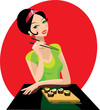 Girl has sushi in japanese restaurant