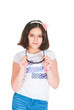girl with sun glasses on a white background