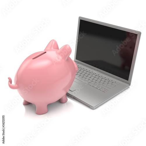 Illustration: Sparschwein mit einem Laptop Sparschwein mit einem Laptop