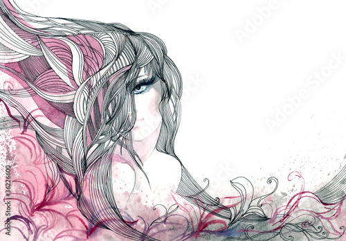 Illustration: Beautiful woman with ornate hair (series C) Beautiful woman with ornate hair (series C)