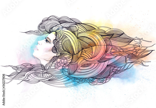 Illustration: beautiful woman with ornate hair beautiful woman with ornate hair