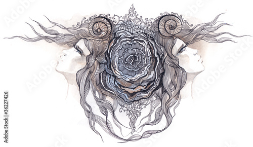 Illustration: two women with rose flower two women with rose flower