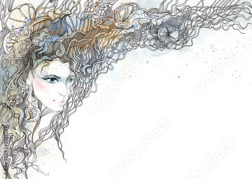 Illustration: beautiful woman with ornate hair beautiful woman with ornate hair