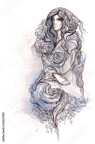 Illustration: woman dressed in roses flowers woman dressed in roses flowers