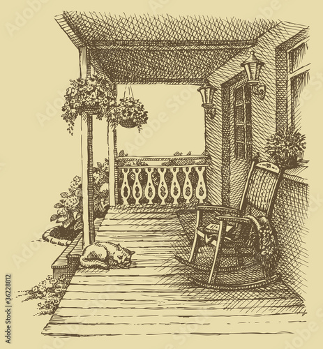 Vector: Ink drawing comfortable rocking chairs on the veranda Ink drawing comfortable rocking chairs on the veranda