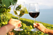 Two hands holding wineglasses against Geneva lake.