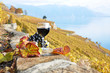 Glass of red wine . Lavaux region, Switzerland
