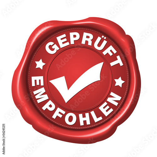 Illustration: siegel geprüft und empfohlen button rot freigestellt siegel geprüft und empfohlen button rot freigestellt
