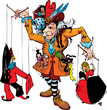 Puppeteer and marionettes: Pierrot, Columbine, Harlequin