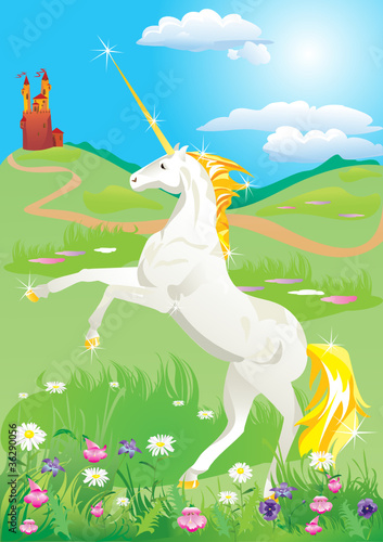 Vector: White unicorn rearing up on its hind legs on beautiful meadow White unicorn rearing up on its hind legs on beautiful meadow
