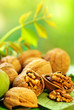 Broken nuts on green background.