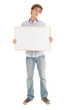 teenage boy with blank sign, white background