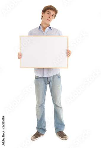 Photo: teenage boy with blank sign, white background teenage boy with blank sign, white background
