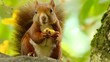 Red Squirrel Eating a Chestnut on a Branch