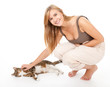 young woman with her lovely grey cat, white background