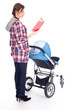 reading book young mother with baby stroller, white background