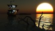 Illustration: Piratenschiff auf See vor Sonnenuntergang Piratenschiff auf See vor Sonnenuntergang