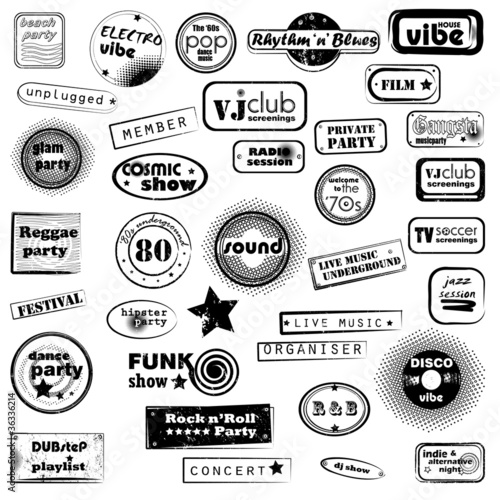 Illustration: party music text stamps party music text stamps