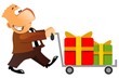 Happy man carrying the hand truck with gift boxes.