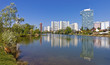 Skyline Uno City Vienna in summer at the Kaiserwasser Skyline Uno City Vienna in summer at the Kaiserwasser