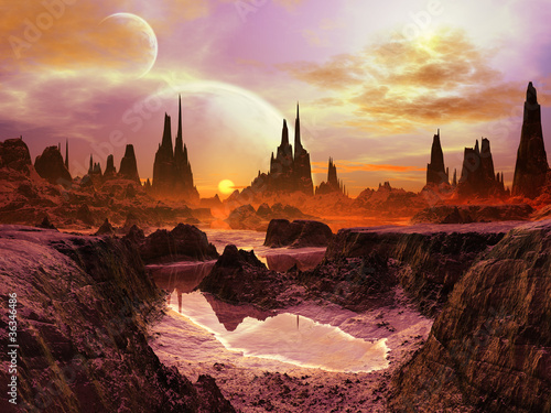 Illustration: Two Moons at Twilight on Distant Planet Two Moons at Twilight on Distant Planet