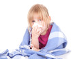 sick little blond hair girl with flu, white background