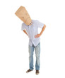 Photo: man with sad ecological paper bag on head, full length man with sad ecological paper bag on head, full length