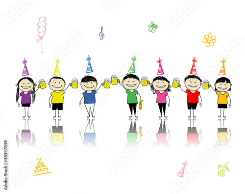 Vector: Birthday party, friends with beer mugs for your design Birthday party, friends with beer mugs for your design
