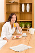 Breakfast home happy woman with orange juice Breakfast home happy woman with orange juice
