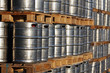 stock of steel kegs on the wooden palettes