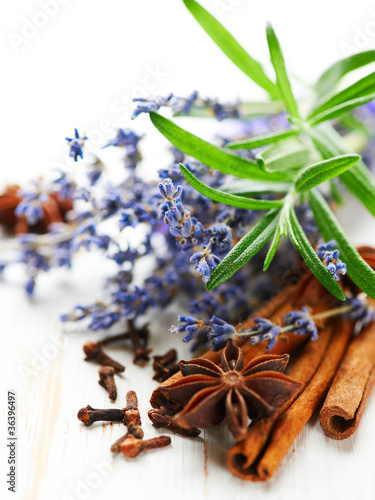 Photo: Assorted spices, rosemary and lavender flowers Assorted spices, rosemary and lavender flowers